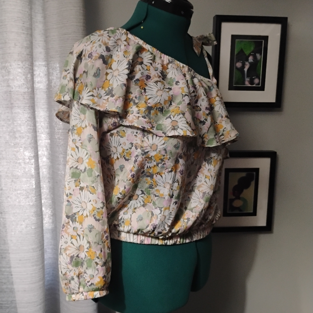 Lauren Conrad Ruffle Lady Daisies Pastel Satiny One-Shoulder Tie Top Sz L NWOT - Picture 5 of 11